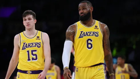 LeBron James #6 and Austin Reaves #15 of the Los Angeles Lakers.