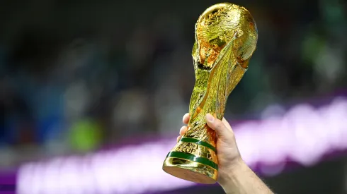 Detailed view of the FIFA World Cup trophy.