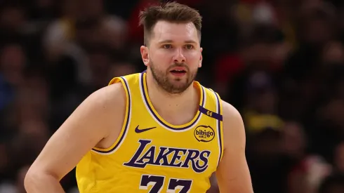 Luka Doncic #77 of the Los Angeles Lakers dribbles the ball.
