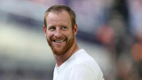 Carson Wentz looks on before the game vs the Bengals on September 21, 2025 in Minneapolis.