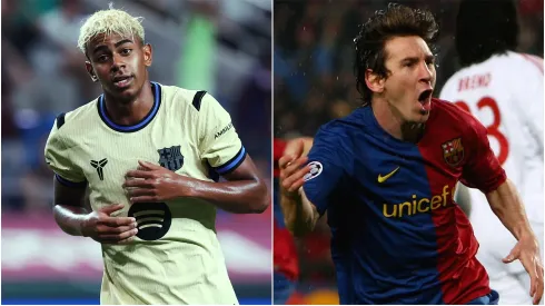 Lamine Yamal of FC Barcelona and Lionel Messi during a FC Barcelona game.