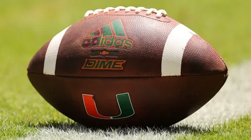 A detail of a football prior to a Miami Hurricanes game.