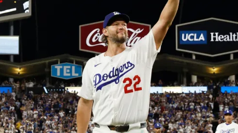 Clayton Kershaw #22 of the Los Angeles Dodgers acknowledges the fans.