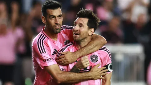 Lionel Messi #10 of Inter Miami CF celebrates with teammate Sergio Busquets #5.