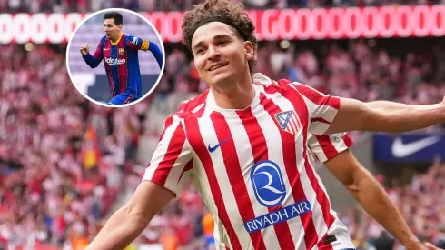 Julian Alvarez of Atletico de Madrid and Lionel Messi of FC Barcelona.