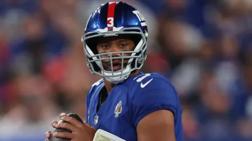 Russell Wilson #3 of the New York Giants throws a ball.