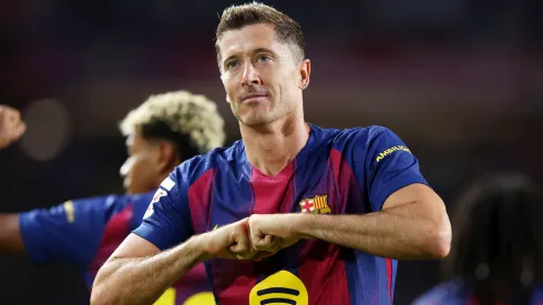 Robert Lewandowski of FC Barcelona celebrates scoring a goal.