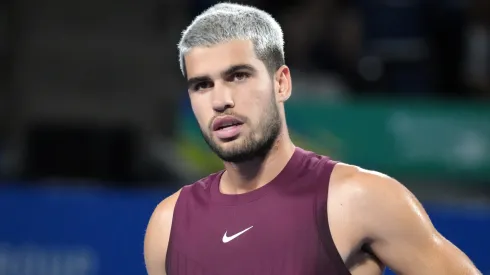 Carlos Alcaraz reacts during the Tokyo Open.