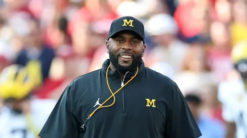 Sherrone Moore at Gaylord Family Oklahoma Memorial Stadium in Norman, Oklahoma.