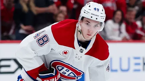 Lane Hutson #48 of the Montreal Canadiens handles the puck.