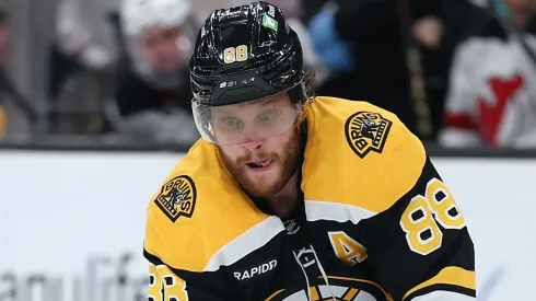 David Pastrnak #88 of the Boston Bruins skates in an NHL game.