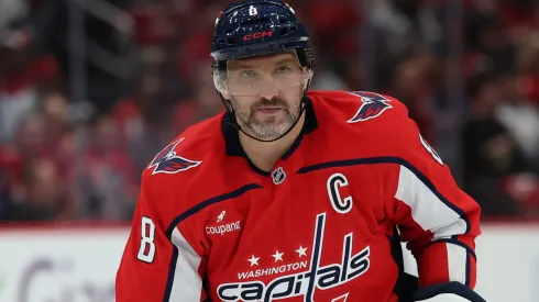 Alex Ovechkin #8 of the Washington Capitals skates against the Boston Bruins.