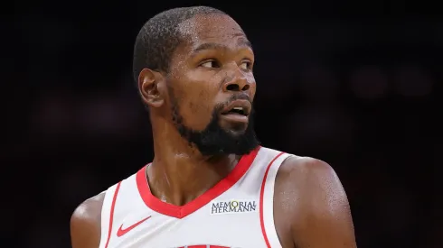 Kevin Durant #7 of the Houston Rockets looks on against the Utah Jazz.
