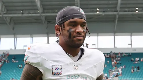 Tua Tagovailoa at Hard Rock Stadium on October 12, 2025 in Miami Gardens, Florida.