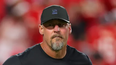 Dan Campbell looks on during warmups before the game vs the Chiefs on October 12, 2025 in Kansas City.