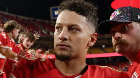 Patrick Mahomes #15 of the Kansas City Chiefs greets fans.