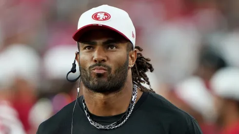 Fred Warner looks on from the sidelines against the Broncos on August 09, 2025, California.