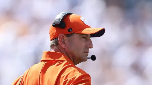 Dabo Swinney looks on during the first quarter vs the Yellow Jackets on September 13, 2025 in Atlanta, Georgia.