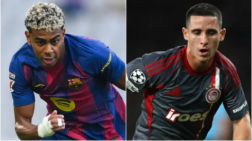 Lamine Yamal of FC Barcelona and Daniel Podence of Olympiacos FC.