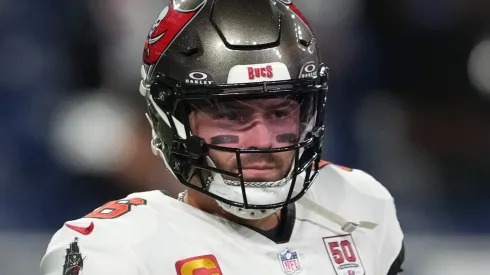 Baker Mayfield #6 of the Tampa Bay Buccaneers warms up.