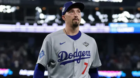 Blake Snell #7 of the Los Angeles Dodgers walks to the dugout.
