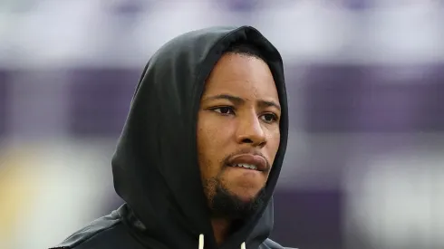 Saquon Barkley warms up in the game vs the Vikings on October 19, 2025 in Minneapolis.