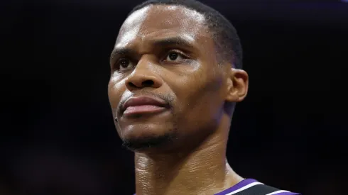 Russell Westbrook #18 of the Sacramento Kings stands on the court.