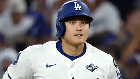 Shohei Ohtani #17 of the Los Angeles Dodgers reacts after grouding out.