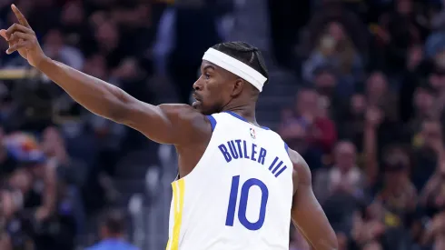 Jimmy Butler III #10 of the Golden State Warriors reacts.