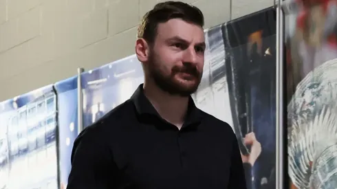 Zach Hyman arrives for Game 4 of the 2025 Stanley Cup Final vs Panthers.