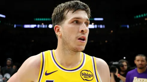 Austin Reaves #15 of the Los Angeles Lakers celebrates.