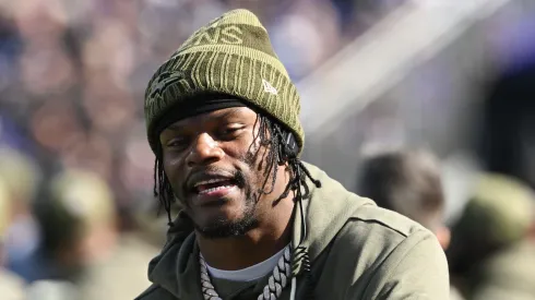 Lamar Jackson reacts on the sideline during the game vs the Bears on October 26, 2025 in Baltimore.