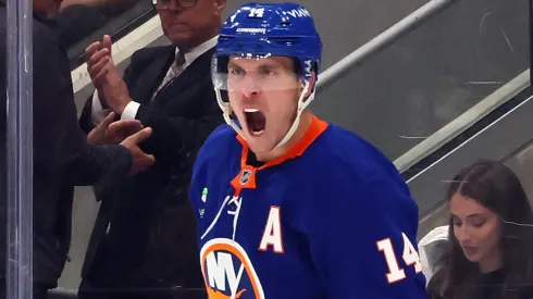 Bo Horvat #14 of the New York Islanders celebrates his goal.