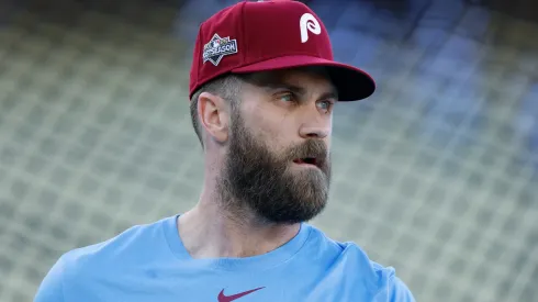 Bryce Harper #3 of the Philadelphia Phillies looks on during batting practice.