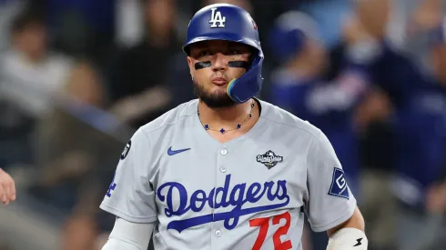 Miguel Rojas #72 of the Los Angeles Dodgers reacts after striking out.