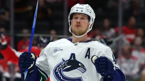 Elias Pettersson #40 of the Vancouver Canucks celebrates after scoring a goal.
