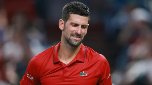 Novak Djokovic reacts against Valentin Vacherot during Shanghai Masters.