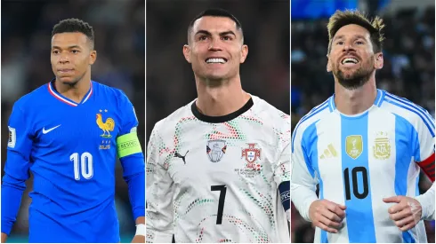 Kylian Mbappe (left), Cristiano Ronaldo (middle), and Lionel Messi (right)