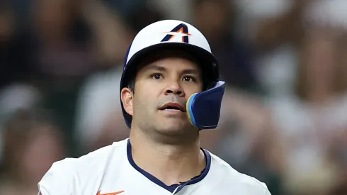 Jose Altuve reacts after a strike out against the Angels on April 12, 2025 in Houston.