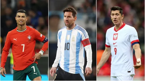 Crisitano Ronaldo of Portugal (left), Lionel Messi of Argentina (middle), and Robert Lewandowski of Poland (right).