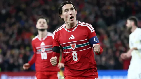 Harry Wilson of Wales celebrates a goal.