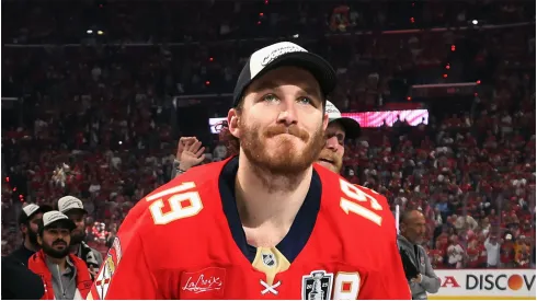 Matthew Tkachuk #19 of the Panthers celebrates the Stanley Cup victory over the Oilers.