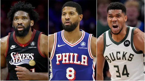 Joel Embiid and Paul George, and Giannis Antetokounmpo of Milwaukee Bucks.
