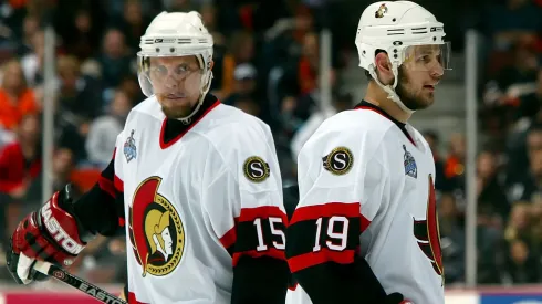 Dany Heatley #15 and teammate Jason Spezza #19 of the Ottawa Senators in 2007.