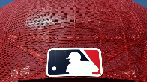 A detailed view of the MLB logo.