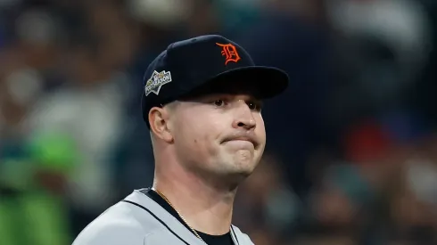 Tarik Skubal reacts after retiring the side vs the Mariners on October 10, 2025 in Seattle.