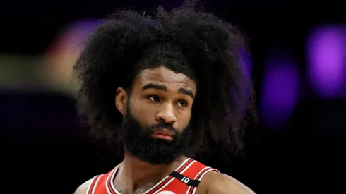 Coby White reacts during an NBA game.