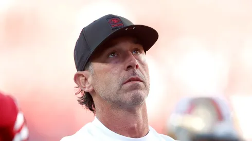 Kyle Shanahan looks on before the game vs the Falcons on October 19, 2025 in Santa Clara, California.