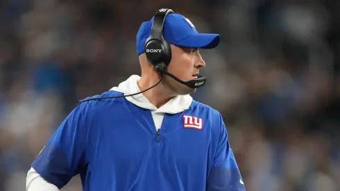 Head coach Mike Kafka of the New York Giants looks on.
