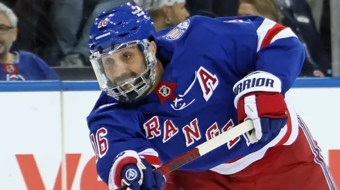 Vincent Trocheck #16 of the New York Rangers controls the puck.